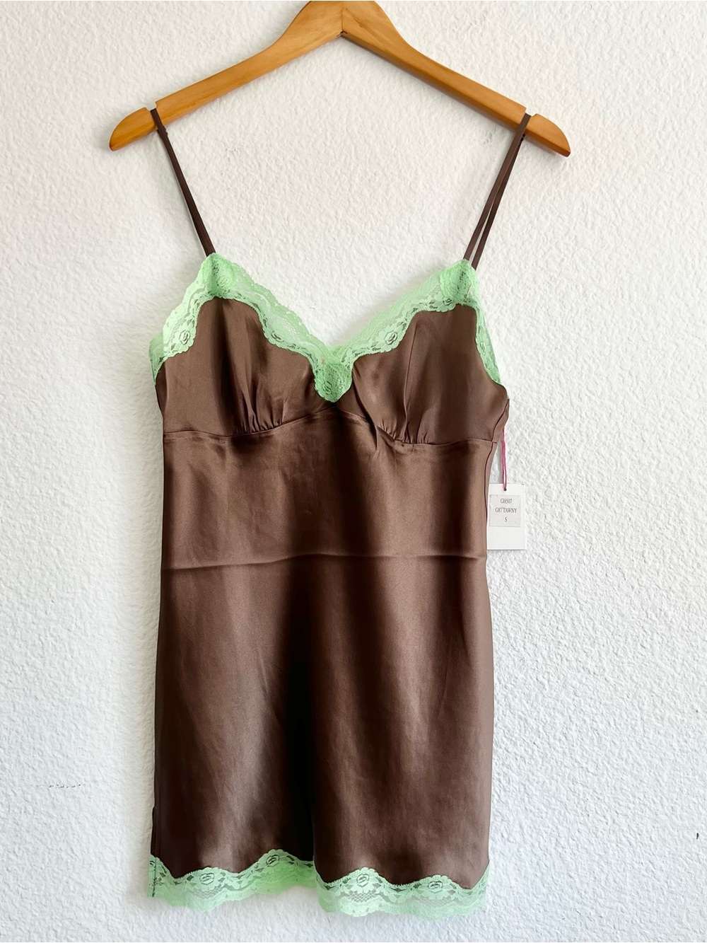Gold Hawk 💯 Silk Brown w/ Green Lace Camisole